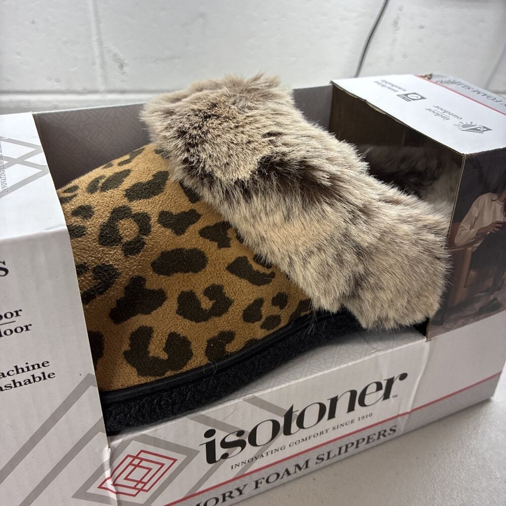 Isotoner Memory Foam Slippers XL 9.5 - 10 Leopard Fur Slip On Clogs House Shoe